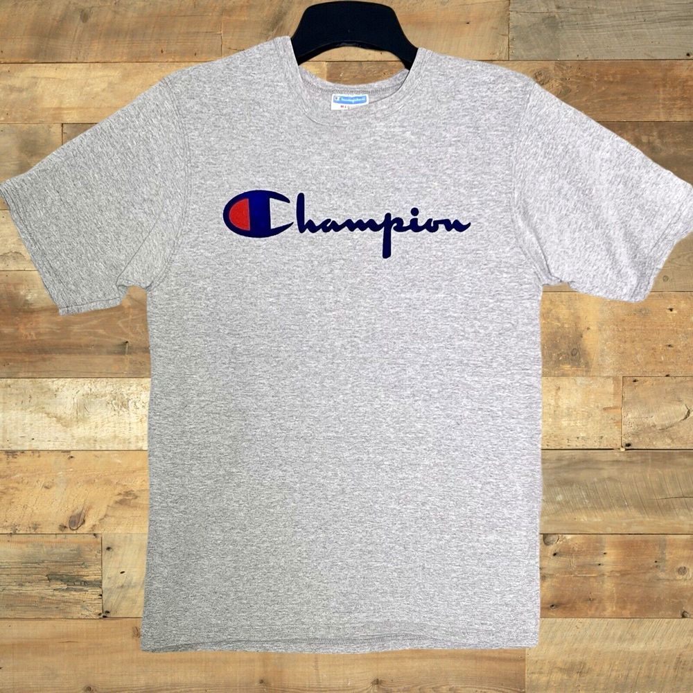 Vintage Champion Grey Felt Applique Graphic Tee Adult M Champion Logo Retro 90's